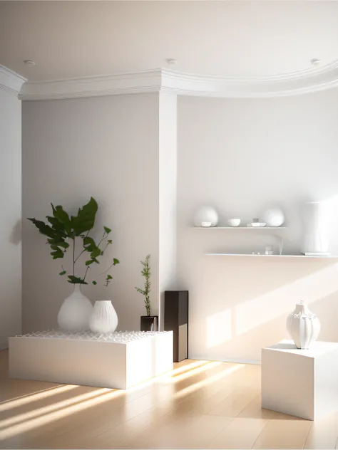 There was a white room，Inside there is a white table and a vase, all white render, in style of 3d render, well lit 3 d render, rendered lighting, clean 3 d render, bright render, cream - colored room, soft 3d render, minimalistic and beautiful, professiona...