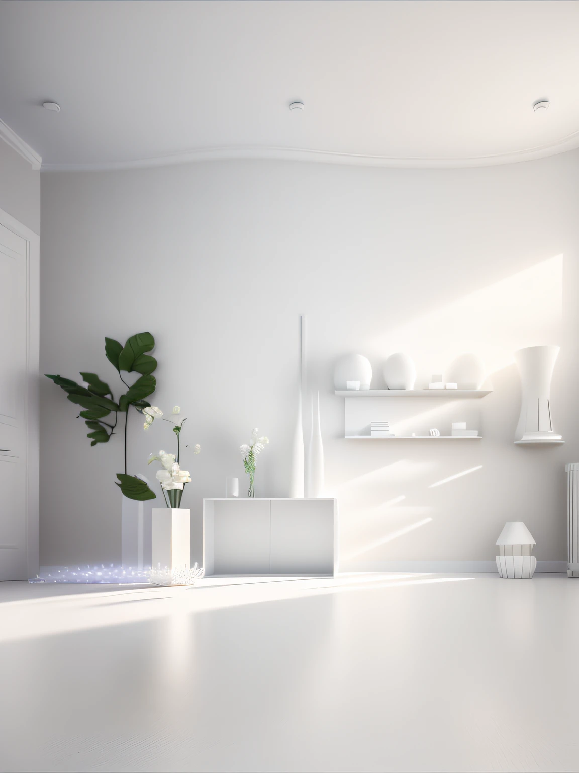 There was a white room，Inside there is a white table and a vase, all white render, in style of 3d render, well lit 3 d render, rendered lighting, clean 3 d render, bright render, cream - colored room, soft 3d render, minimalistic and beautiful, professiona...