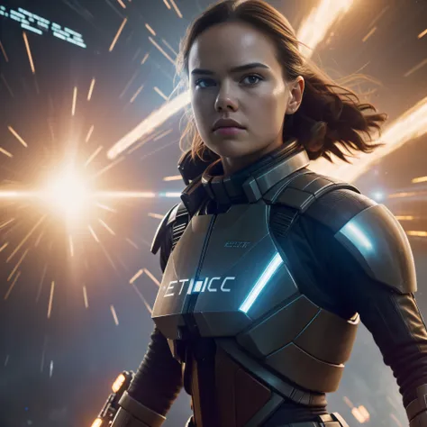 a close up action shot of epic Sci fi Hot Daisy Ridley, Detailed clothing details, Liquid effect, space, Interstellar battlefield photography, natural light, photorealism, cinematic rendering, ray tracing, the highest quality, the highest detail, Cinematic...