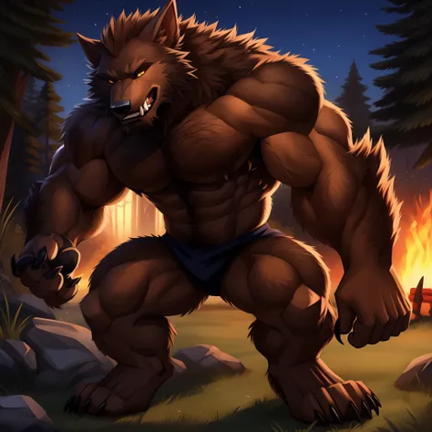 muscular werewolf，Hairy all over，clawed paws，erect through