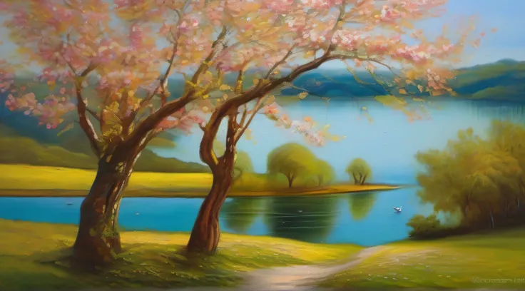 Beleza Dourada da Natureza, No museu, a painting is exposed to the public. A cena retrata um lago feito de ouro, onde uma mulher desliza graciosamente. Spring trees and flowers hug the lake, exalando vida e cores. The weather is magnificent, irradiando ser...