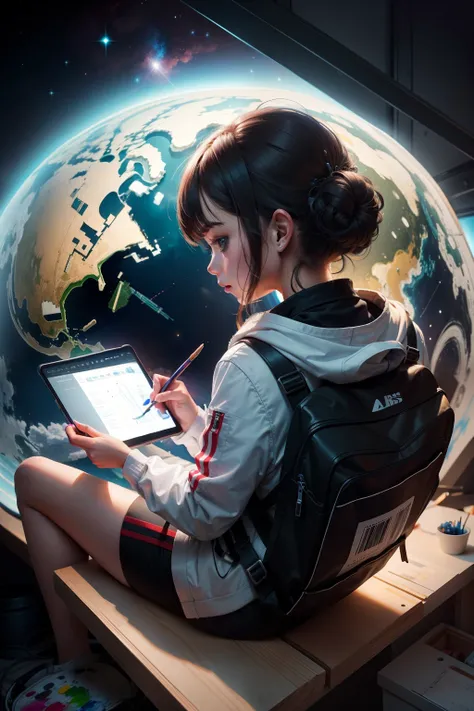 Girl drawing space with a brush，painting of a，space，Technologie，brightly，dazzling