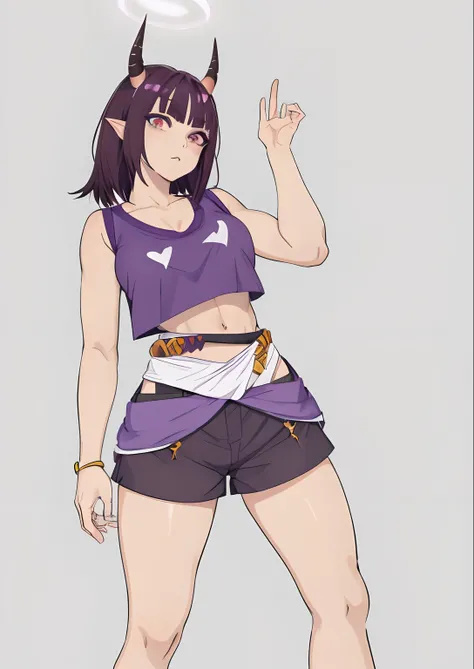 1 girl, short shorts, hinatas hair, anime style, semi realism, posing for photo, full body purple outfit, short shirt light skin, marked eyeshadow, thin waist wide hips with oni horns dark brown eyes self detail on eyes, huge boobs