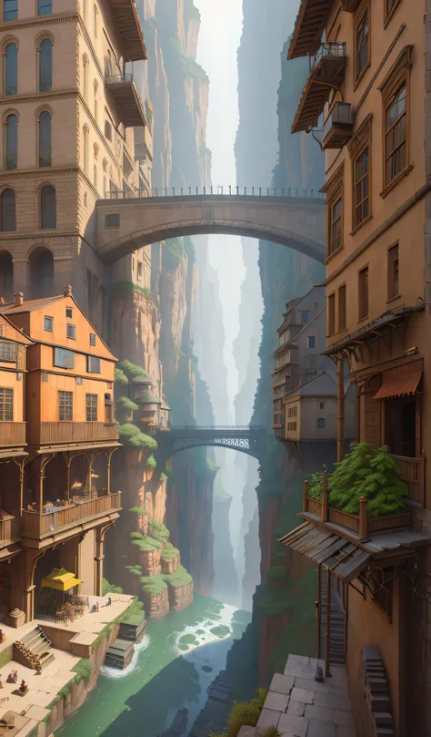 ((masterpiece)),((best quality)),((high detial)),((realistic,)) Industrial age city, deep canyons in the middle, architectural streets, bazaars, Bridges, rainy days, steampunk, European architecture