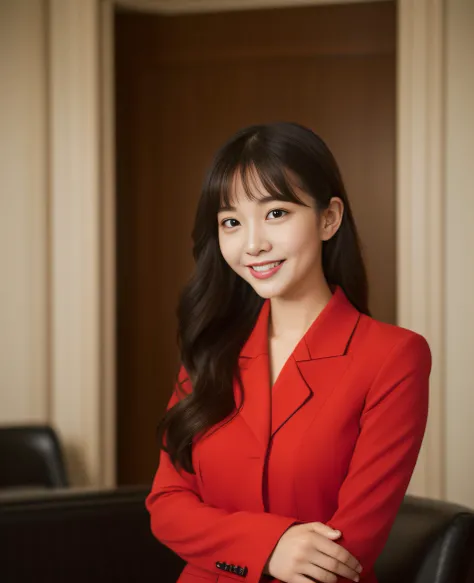 ((best quality, 8K, masterpiece: 1.3)), beautiful girl, pure, melon face, kind and cute, sweet smile, pure desire, slender body, (front), (tilted head), ((looking at camera) ) , wearing a crimson suit, black silky medium hair, long flowing shoulders, round...