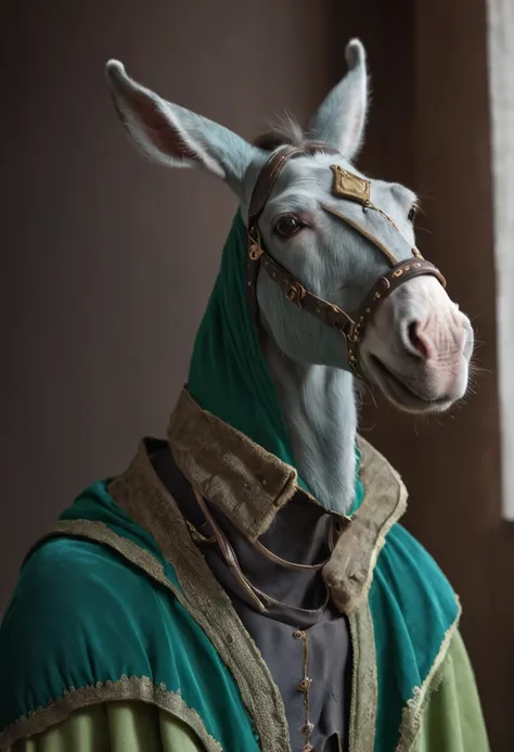 {{{Close up}}}, {Best quality}, {{Masterpiece}}, {A high resolution}, Original, Extremely detailed 8k wallpaper, An anthropomorphic female donkey dressed in green and a blue cape, Science fiction, Adventure, megacity, Grasp