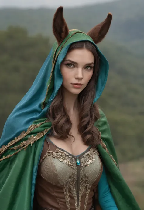 {{{Close up}}}, {Best quality}, {{Masterpiece}}, {A high resolution}, Original, Extremely detailed 8k wallpaper, An anthropomorphic female donkey dressed in green and a blue cape, Science fiction, Adventure, megacity, Grasp