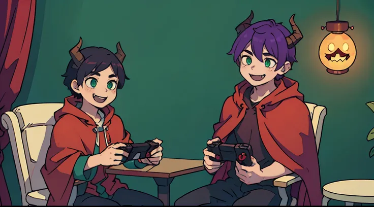 top-quality、((Deformed:1.4))、Boy with short purple hair、Green eyes、demonic horns、a smile、red cloak、Sitting on a chair、Playing video games happily