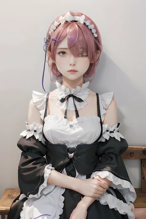 ​masterpiece, top-quality,black and white maid uniform、(((((hide the right eye with bangs)))))、angry face、a pink-haired、 cute li...