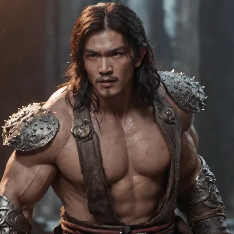 (Realistic:1.3) most beautiful artwork photo in the world, asian male ((Epic hero fantasy muscle man rough wet hero long hair short beard in dynamic pose, Fantastic location, Majestic cluttered environment)), full body 8k, action shot, skin pore, very dark...