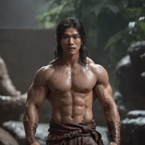 (Realistic:1.3) most beautiful artwork photo in the world, asian male ((Epic hero fantasy muscle man rough wet hero long hair short beard in dynamic pose, Fantastic location, Majestic cluttered environment)), full body 8k, action shot, skin pore, very dark...