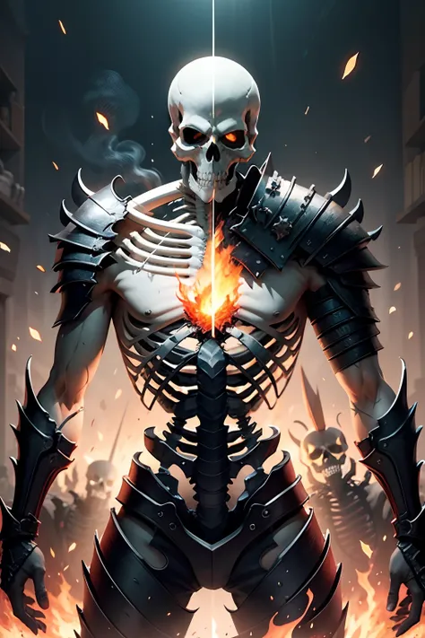 Skin description： This skin is a dark and mysterious skeleton warrior。Its skull appears a deep black color，It reveals a mysterious atmosphere。The eyes were crimson with a merciless flame，Exudes a frightening glow。The skeletons body is covered with hard bla...