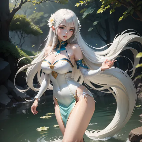 Anime girl mermaid，long layered silvery white hair, Silvery-white lotus leaf fish tail，Smooth anime CG art, Beautiful anime woman, beautiful and seductive anime woman, attractive anime girls, Beautiful anime girl, Digital anime art, photorealistic anime gi...