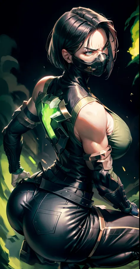 Masterpiece, Best quality,look from down，Back view，《Fearless viper》, 比基尼, mitts, belt, thigh boots, respirator, view the viewer, face, Portrait, Close-up, Glowing eyes, green smoke, Black background,huge tit，Raised chest，Bare-bodied，ass close up，angry look...