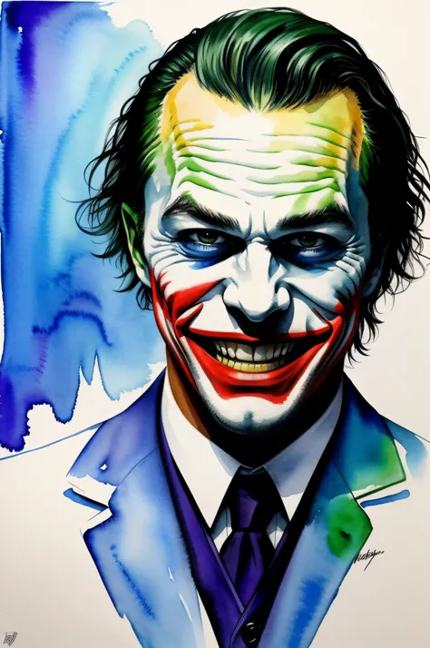 Full body shot, 35 mm,Low angle, Photorealistic,  ultra-sharpness,Ultra Detail pays homage to Heath Ledgers iconic portrayal of the Joker in a memorable watercolor portrait. Capture his charming smile and chaotic essence with fluid brushstrokes. Bright col...