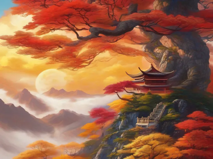 （chinesedragon：1.2），China-style，（Ancient beech tree：1.2），​​clouds，mont，rot，yellow，Warm white，brilliant colorful，8K high-definition