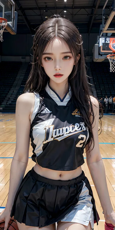 photorealistic, high resolution, soft light,1women, solo, hips up, (detailed face), jewelry, jewelry, tattoo, Basketball cheerleader Uniform、Luxurious indoor sports stadium、basketball court