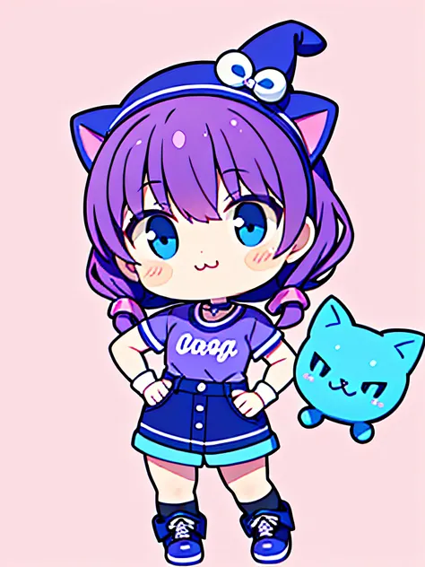 Close-up of a toy cat wearing a purple hat and blue shirt, Cute mascot,Cartoon characters, an animated character, in fashion style,chibi，