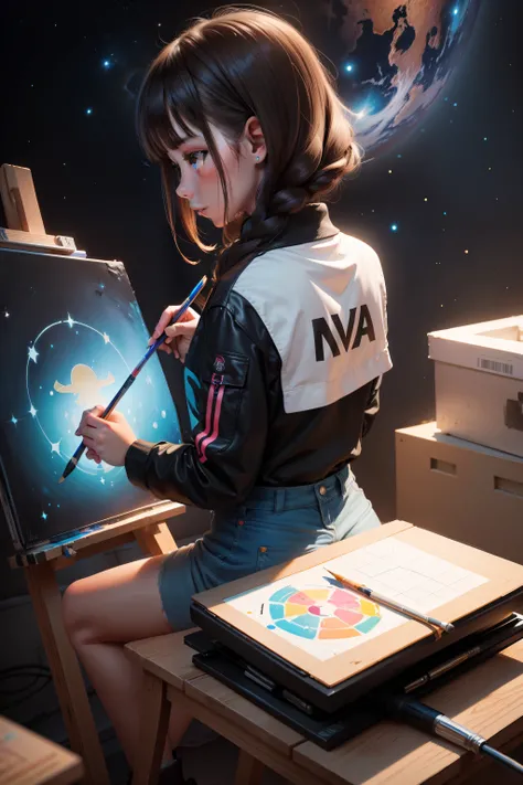 Girl drawing space with a brush，painting of a，space，Technologie，brightly，dazzling