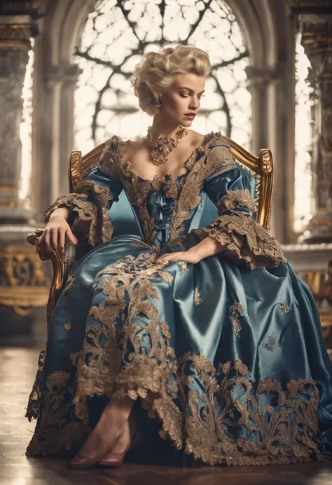 A blonde woman in a dark blue dress sits on a chair in the palace, rococo queen, historical baroque dress, aristocratic clothes, rococo fashion, ornate royal gown, wearing a noblewomans outfit, Rococo dress, intricate costume design, in a fancy elaborate d...