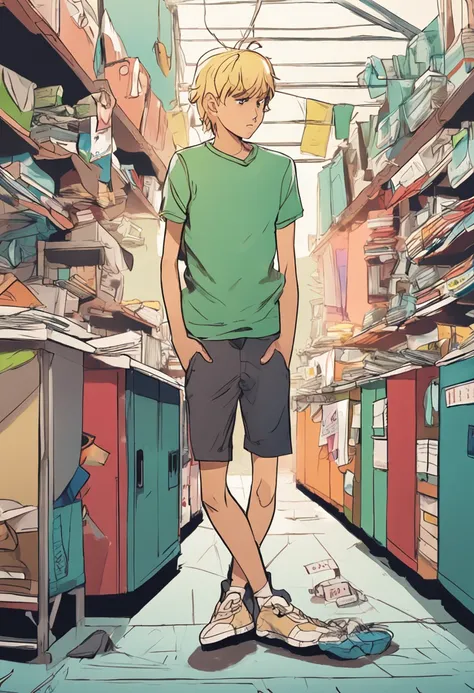 A sixteen-year-old young tanned blonde boy Mika，A sporty figure，Hair cut short around the ears，The bangs are long, Wear a yellow T-shirt and green shorts, Kneeling in a small shop with office supplies, Holding two red notebooks in his hand, Other colorful ...