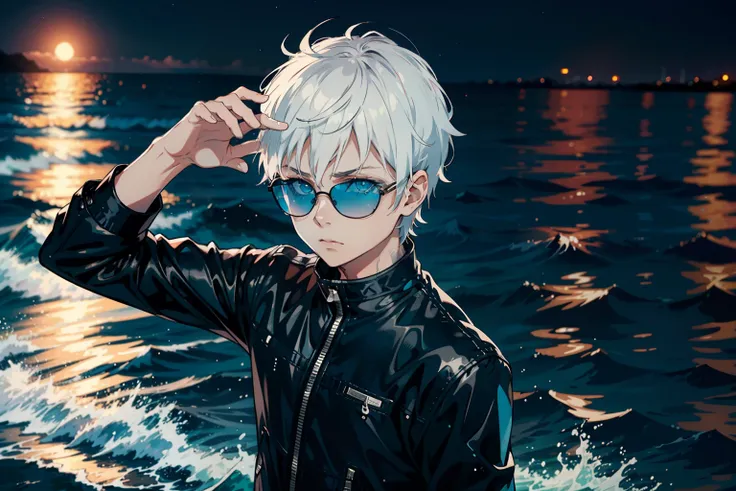 dynamic pose, dynamic angle, from afar, ((night)), beach, calm water without waves, boy out of the water, messy spiky white hair, light blue eyes, black clothing, rounded sunglasses, ball slipping in water,