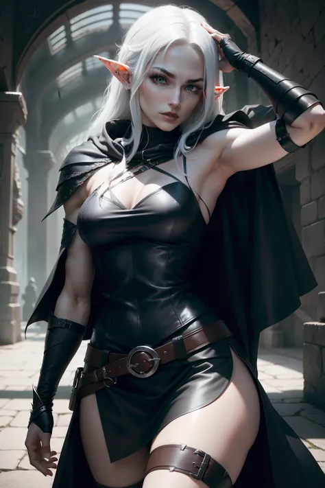 Pale-skinned elven rogue with black hair featuring white streaks. Equipped with daggers, dressed in a black cloak and leather armor. many belts, elbow gloves, sleeveless vest, black trousers