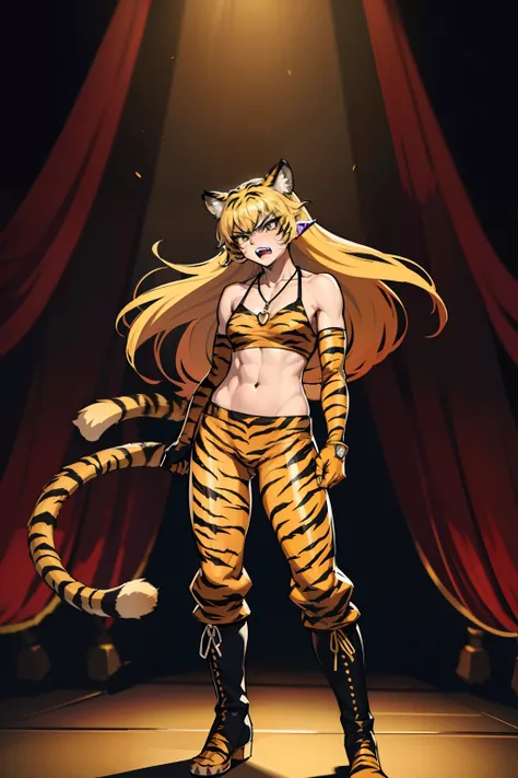 20yo, 1girl, solo, (angry:1.2), small chest, (muscular:1.2), (fangs:1.2), (blonde long hair, tiger print bang:1.2), (tiger ears, locket necklace, triangle locket, black sport bra, tiger print long pant, tiger print elbow gloves, black knee boot:1.2), dynam...