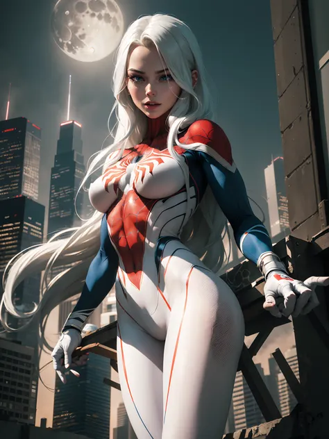 (Masterpiece, 4k resolution, ultra-realistic, very detailed), (White superhero theme, charismatic, theres a girl on top of town, wearing Spider-Man costume, shes a superhero), [ ((25 years), (long white hair:1.2), full body, (blue eyes:1.2), ((Spider-Man p...