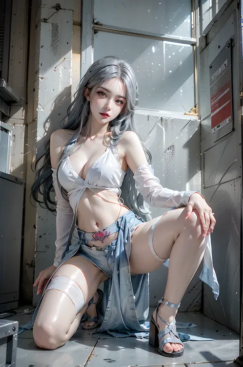 Photorealistic, high resolution, 1womanl, Solo, Hips up, view the viewer, (Detailed face), Silver-blue hair, Long hair, Medium breasts, Tattoo on the crotch,tattoo all over body，Tongue Stud，heeled sandals，nail art，Kneeling pose，Kiss