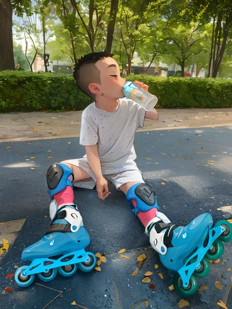 Boy sitting on a blue rug drinking water, rollerblading, rollerblades, wearing nike air mags, yanjun chengt, inspired by Cao Buxing, having a good time, wearing knee and elbow pads, butterfly roller skates, kid, at a park, inspired by Li Shixing, trending ...