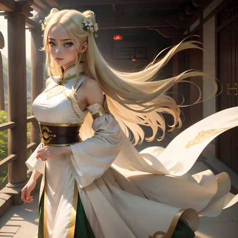 Best quality, Master, A high resolution, Wuxia 1girl, Chinese white dress, Super beautiful face, Super beautiful green eyes, Super beautiful hair Super beautiful face，Super beautiful eyes，Super beautiful light blonde hair，