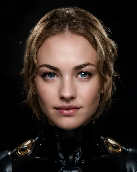 Photo of yvonne strahovski at the in a mech suit, solo, blue eyes, reverse bob haircut, shiny skin, WET skin, shiny glossy skin, glossy skin, oily skin, black background headshot, warm atmosphere, photograph, photoshoot, Captured by Panavision Panaflex Pla...