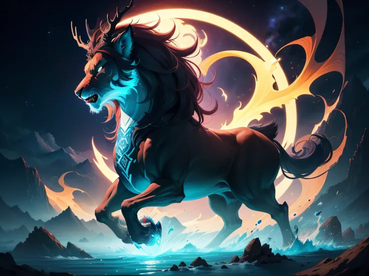 tmasterpiece，High picture quality, Dynamic cartoon style, Inspired by the Classic of Mountains and Seas，Chinese mythology Pixiu， Beast image, high saturated，Shaped like a lions head，The body of an elk，deer antlers，The body is covered with dragon scales，ush...