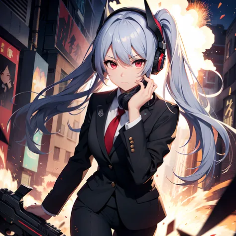 hiquality、Girl in formal suit runs、explosions、loimu、story、big explosion、Cyber Headphones、Silvery hair、poneyTail、Red eyes、Super explosion、Have a gun、Wearing a mask around the mouth