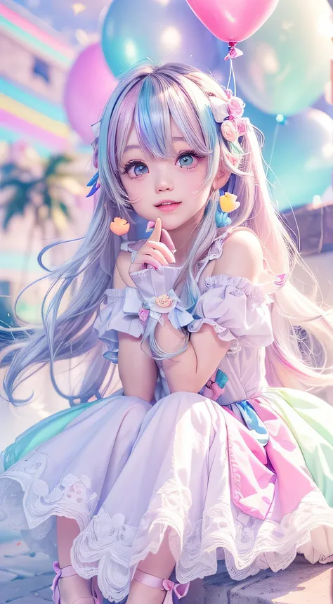 (fullbody, legs and shoes visible: 1.2)) expressive eyes, woman, pale skin, long hair, windblown hair, ((absurdly long hair)), long sidelocks, hime bangs, hair fringe, hair bun, ((very long twintails)), iridescent hair, light pink hair, blushing, full face...