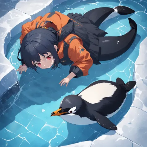 8K, best quality, masterpiece, anime style,from above,textured skin，Two penguins, one on its side and the other lying on the ground. Their joyful expressions, standing on the ice. Behind is a pool with three penguins swimming in it