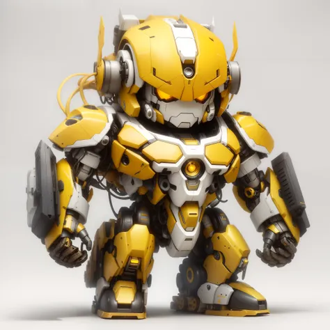 2d anime, Close-up of yellow and white robot holding game character gun, yellow mech, Tremendous Mecha Robot, action figure mecha, futuristic Mecha robot, mechasuit, mechasuit, beautiful robot character design, cool mecha style, hard surface character pint...