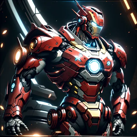 "Realistic, Elegante, and cybernetics, the Ironman with a galactic mask shines brightly in its bioluminescent glow. It combines the futuristic elements of a mecha and the elegance of a samurai (com um peso de 1.2). As runas vermelhas brilhantes adornam seu...