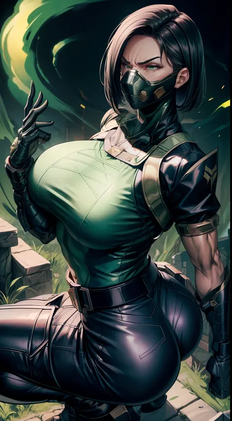 Masterpiece, Best quality,Watching from behind，Back view，《Fearless viper》, 比基尼, mitts, belt, thigh boots, respirator, view the viewer, face, Portrait, Close-up, Glowing eyes, green smoke, Black background,huge tit，Raised chest，Bare-bodied，Buttocks close up...