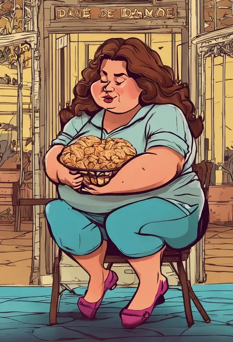 UMA MULHER GORDA DE 30 ANOS DE IDADE COM 1, 55 TALL WEIGHING 200KG SAD COUNTENANCE IN ONE AND BLOUSE AND JEANS EATING