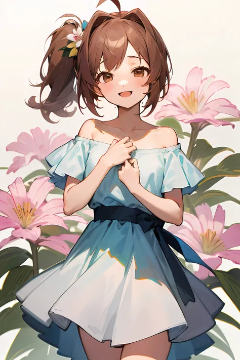 masutepiece、Best Quality、hight resolution、1girl in、独奏、dark brown eyes、light brown hair、Side Ponytail、medium chest、Ahoge、Plain white off-the-shoulder dress、Short sleeves、frilld、Cowboy Shot、Happy expression、ssmile、Floral background