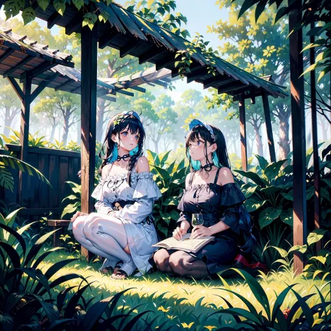 two girls resting in a hut in the forest、colorful paints、、overgrown trees々、black and white off-the-shoulder dress、（messy sunligh...