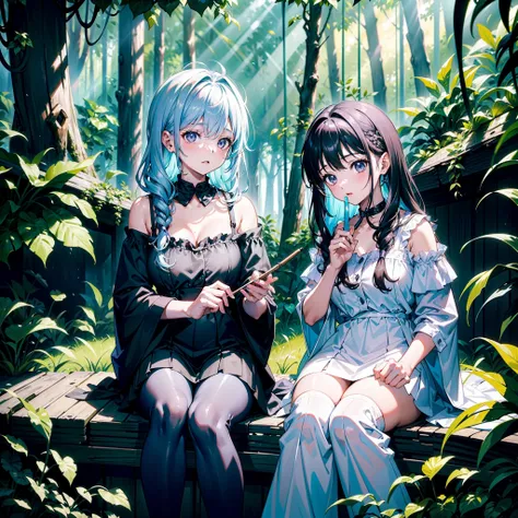 two girls resting in a hut in the forest、colorful paints、、overgrown trees々、black and white off-the-shoulder dress、（messy sunligh...