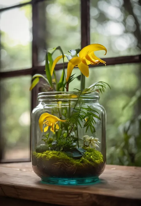 A glass jar terrarium with only a yellow lily, linda, rara, cores vivas, background a humid forest