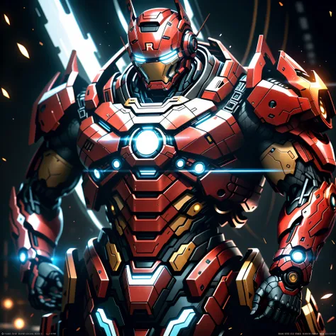 "Realistic, Elegante, and cybernetics, the Ironman with a galactic mask shines brightly in its bioluminescent glow. It combines the futuristic elements of a mecha and the elegance of a samurai (com um peso de 1.2). As runas vermelhas brilhantes adornam seu...