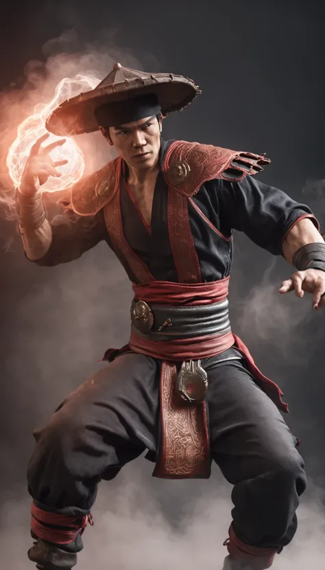 ((Kung Lao do mortal Kombat, ultra realistic)), (((corpo inteiro))), ((perfect hands)), atordoante, hyper realistic, octan render, surrounded by the effect of smoke and lightning, Estilo Mortal Kombat, fundo antigo, elegante, atordoante, (papel de parede),...