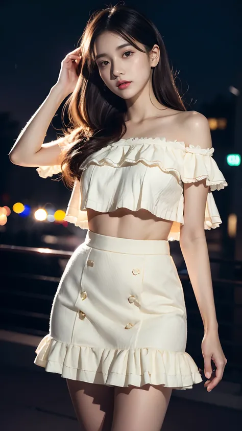 Estampados florales, (Night view background:1.5), (1girll:1.6), Long hair, ulzzang-6500v1.1, (Source language: 1.2), (Realistic: 1.3), beautiful girl with beautiful details, Extremely detailed eyes and face, Eyes with beautiful details, Absurd, unbelievabl...