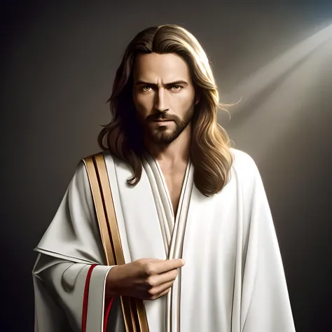 arafed image of a man dressed in a robe and holding a cross, portrait of jesus christ, jesus christ, dressed like jesus christ, jesus of nazareth, jesus, tron legacy jesus christ, jesus christ in mass effect, tron legacy jesus, he is greeting you warmly, j...