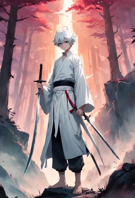 The boy with white hair，Thin and tall，Holding a long knife in pure white，A bandage is wrapped around the arm，Standing in the mountain of corpses